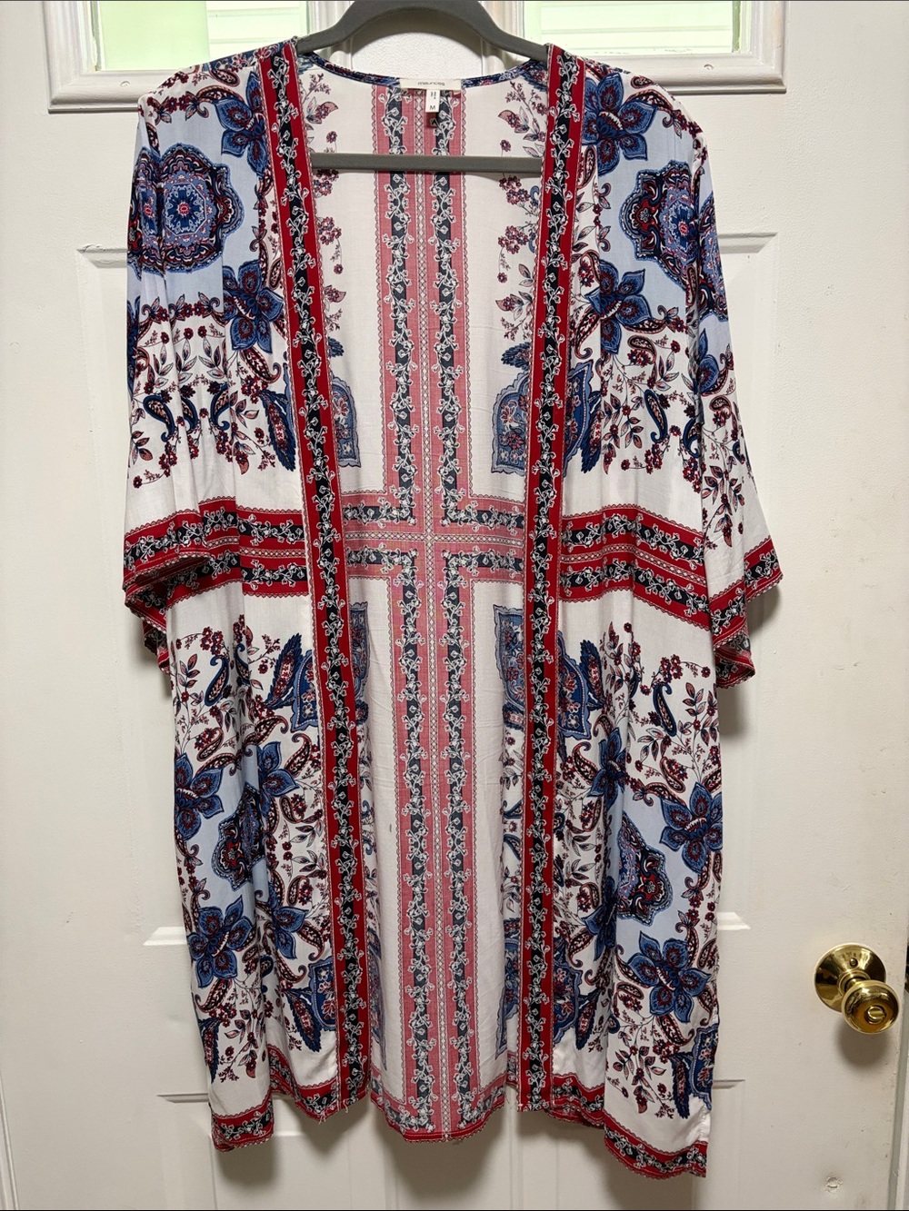 Maurices White Open-Front Kimono with Red & Blue Paisley